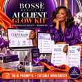 BOSSÈ AI Client Glow Kit with full head and shoulders beauty portrait and digital worksheet mockups