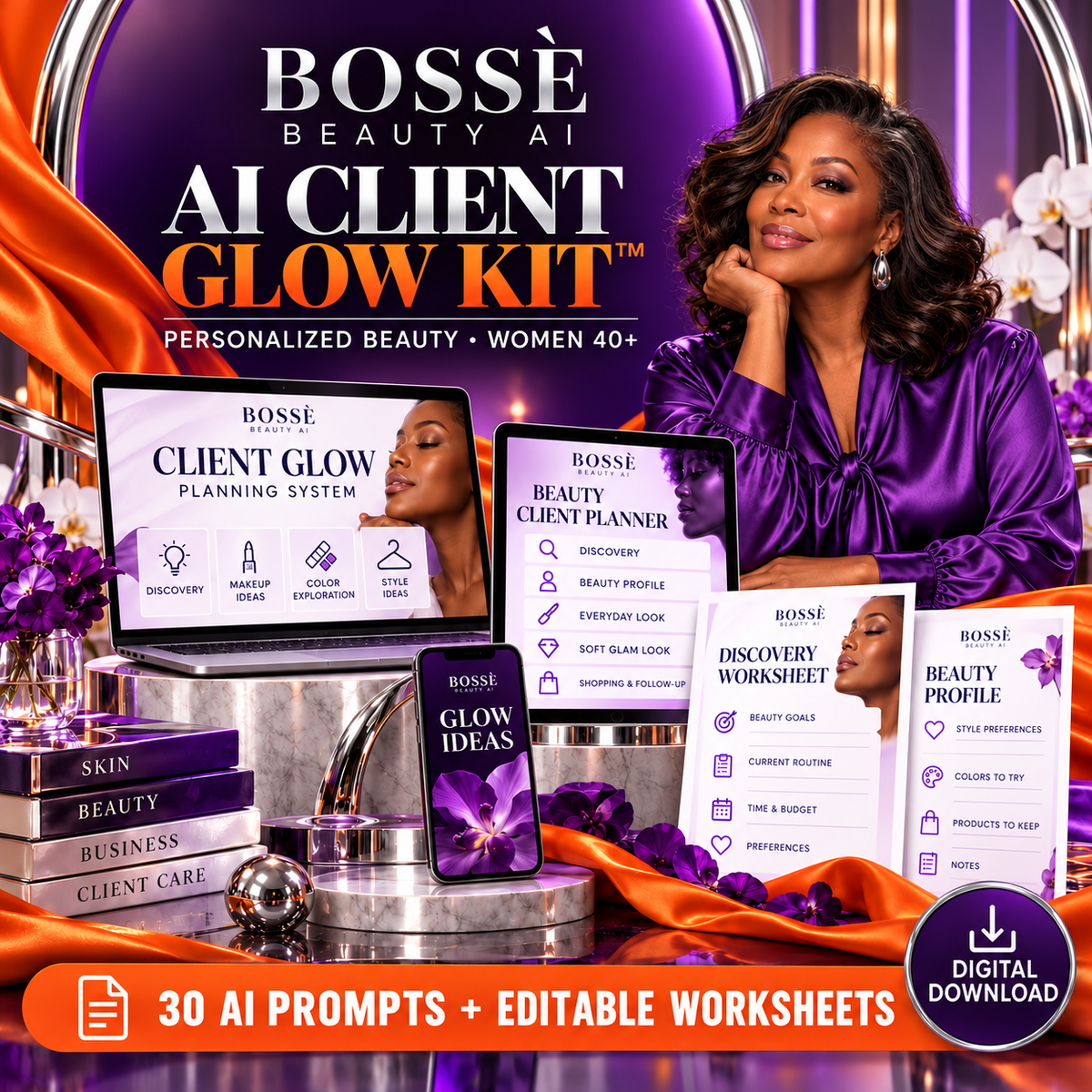 BOSSÈ AI Client Glow Kit with full head and shoulders beauty portrait and digital worksheet mockups