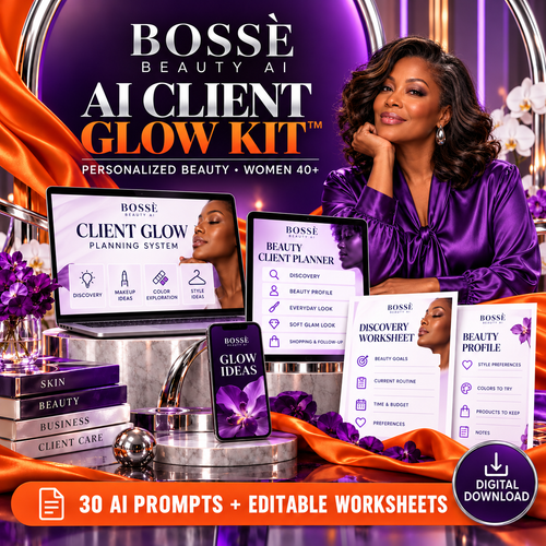 BOSSÈ AI Client Glow Kit with full head and shoulders beauty portrait and digital worksheet mockups