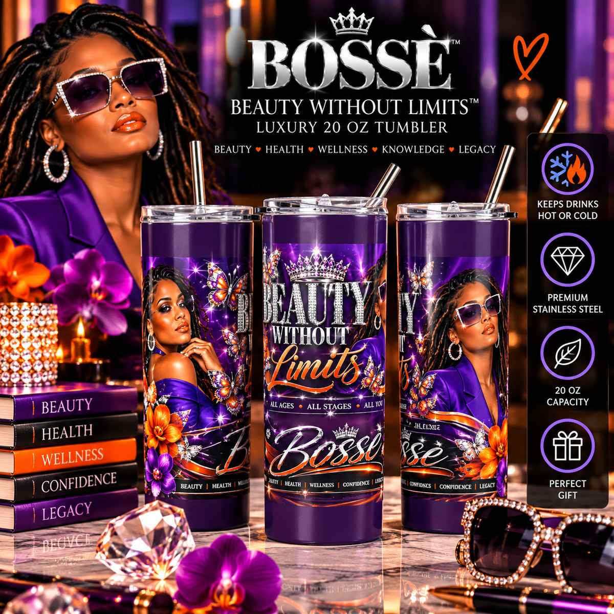 BOSSÈ Beauty Without Limits™ | 20 oz Stainless Steel Tumbler